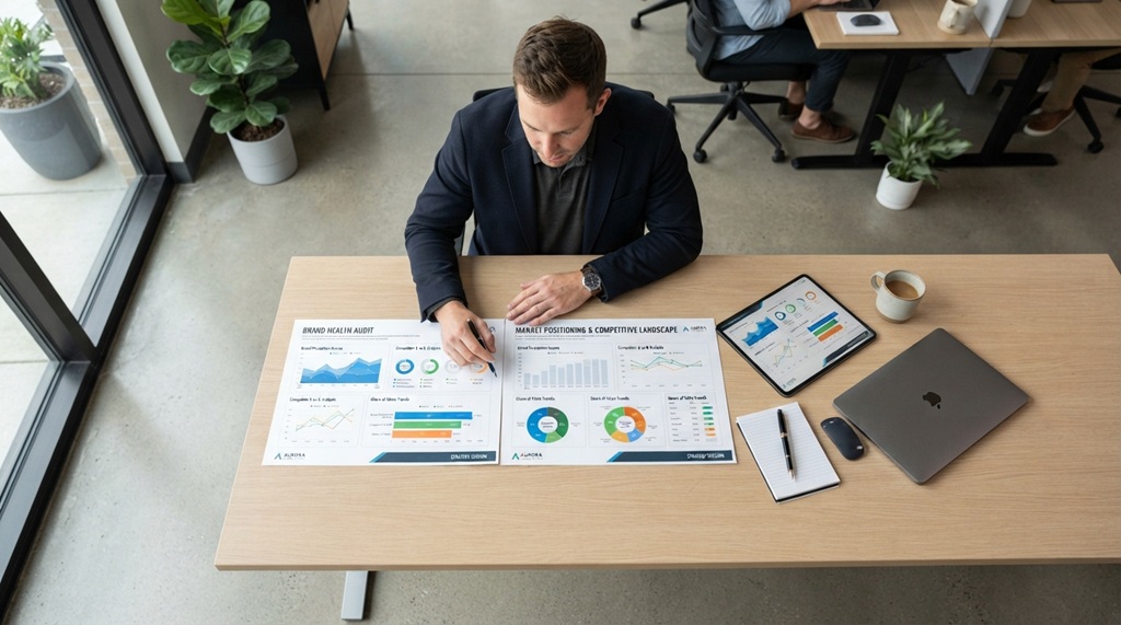 Male strategist reviewing brand analysis charts and a tablet on a modern desk.