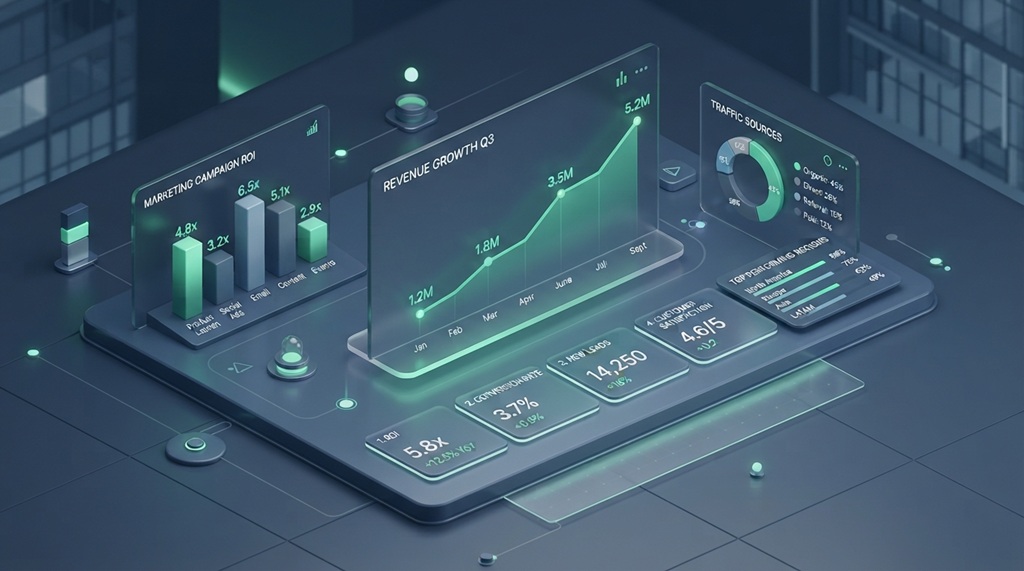 A digital dashboard displaying ROI bar charts and key marketing metrics.