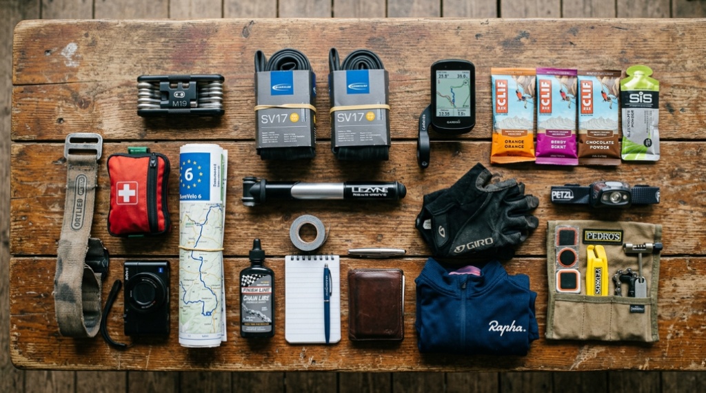 Essential cycling gear and maintenance tools laid out on a table.