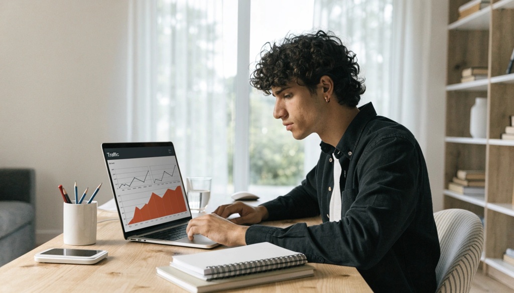 Man typing on a laptop displaying website traffic analytics chart at a desk.
