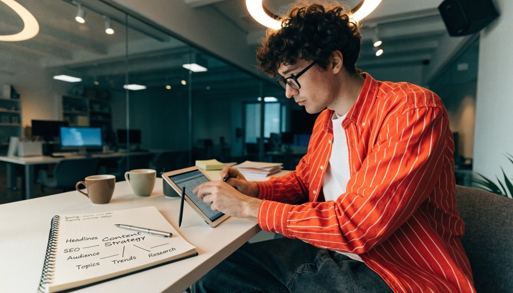 Male blogger reviewing content planning notes on a tablet next to coffee.
