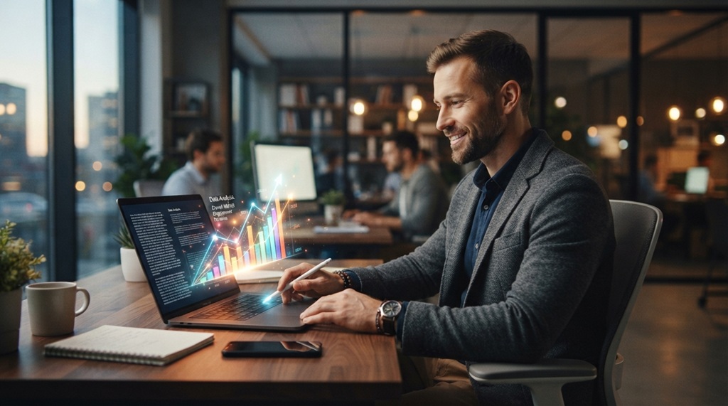 Male content writer analyzing glowing SEO growth charts on a modern laptop screen.