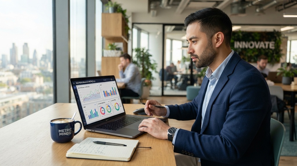 A male marketing strategist analyzing campaign performance metrics on a laptop.