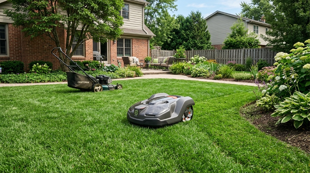 Homeowner using a smartphone app to set up a robotic lawn mower.