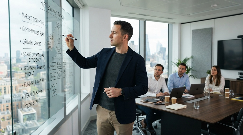 A man writing business scaling strategies on a whiteboard.