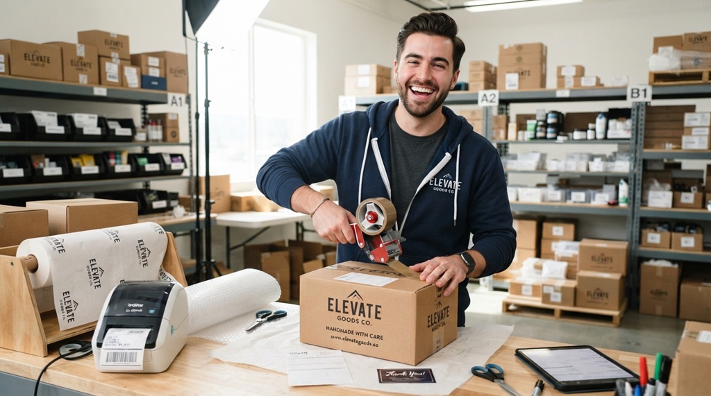 Male store owner packing customer orders inside modern warehouse.