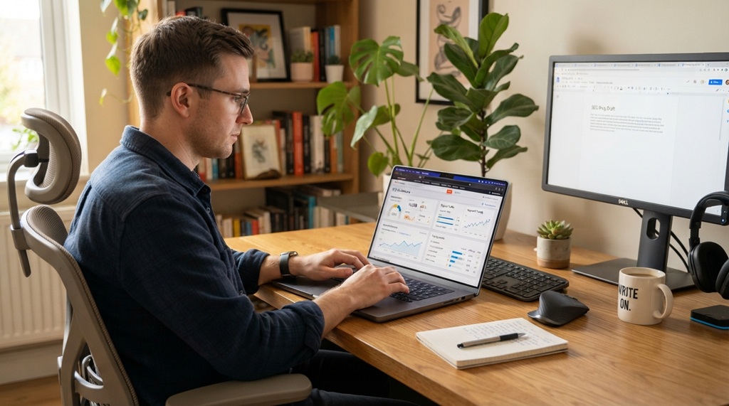 Male marketer typing keyword-optimized blog content on a laptop at a wooden desk.