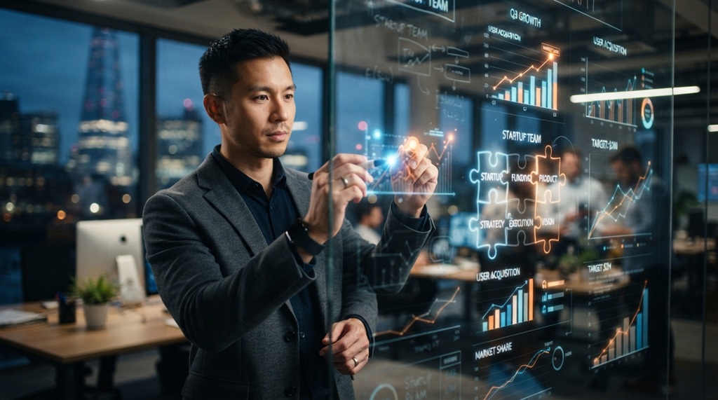 Male entrepreneur analyzing glowing startup case study data charts on a glass wall.