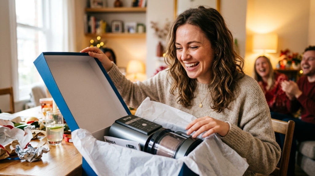 Smiling woman opening a gift box to reveal a useful gadget.