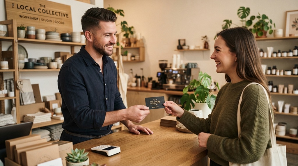 A male business owner handing a loyalty reward card to a customer in a store.