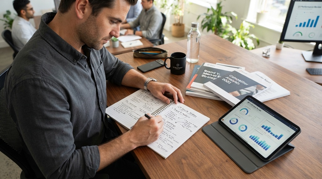 A man writing notes next to brand turnaround case study documents.