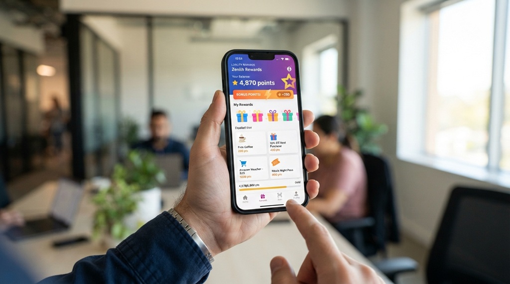 A man holding a smartphone showing a customer rewards app with bonus points.