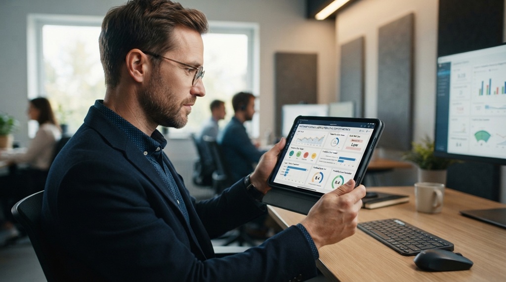 A male specialist reviewing predictive support analytics on a tablet.